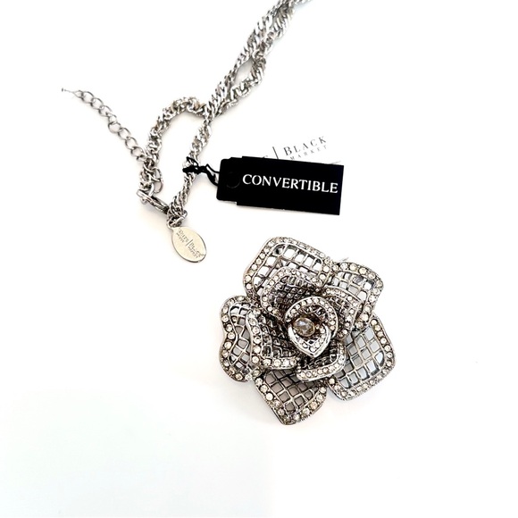 WHBM Pave Crystal Silver Rose Pendant/Broach Convertible Necklace NWT - Picture 13 of 14
